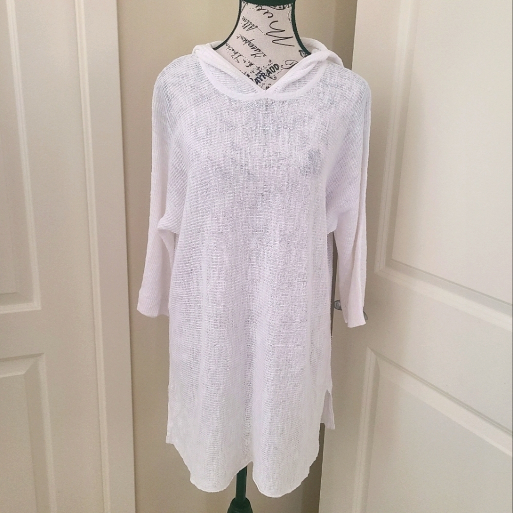 Eileen Fisher Cotton/linen Pullover/ White Beach Cover Up Size M 3/4 Sleeve